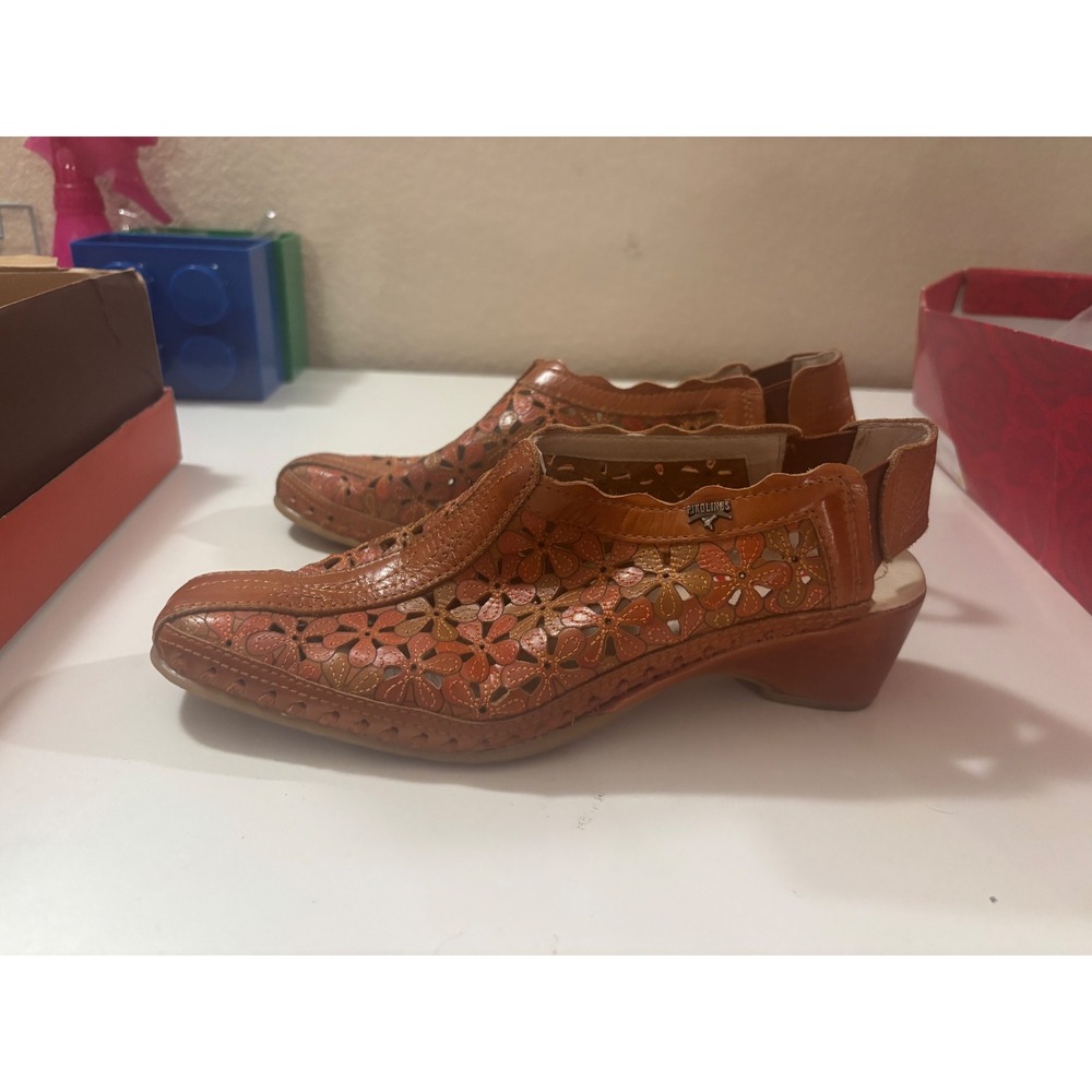 Pikolinos 607-8809 Brandy Leather Floral Cutout Slingback Heels Womens 37